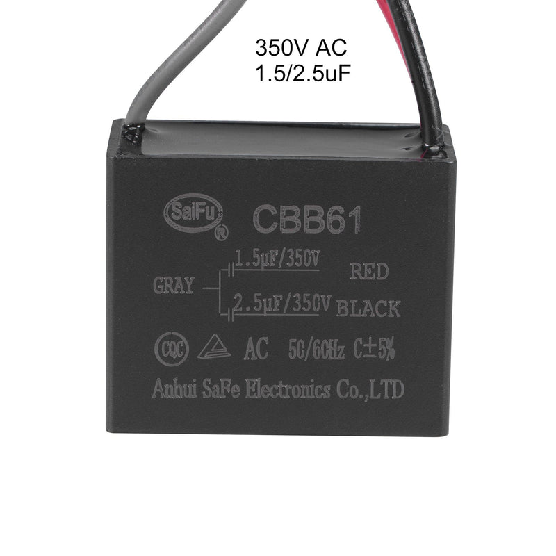 uxcell Ceiling Fan Capacitor CBB61 1.5/2.5uF 350V AC 3 Wires Metallized Polypropylene Film Capacitor 38x31x21mm for Electric Fan Pump Motor Generator 3Pcs