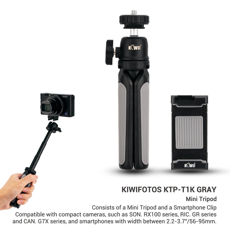 KIWIFOTOS Mini Tripod Stand + Cell Phone Clip, Selfie Stick Handle Grip for Sony ZV-E10 ZV-1 ZV1 RX100VII RX100VA A6400 A6600 Compact Cameras Vlogging iPhone Samsung Webcam Samrt Phone Accessories Mini Tripod + Phone Clip