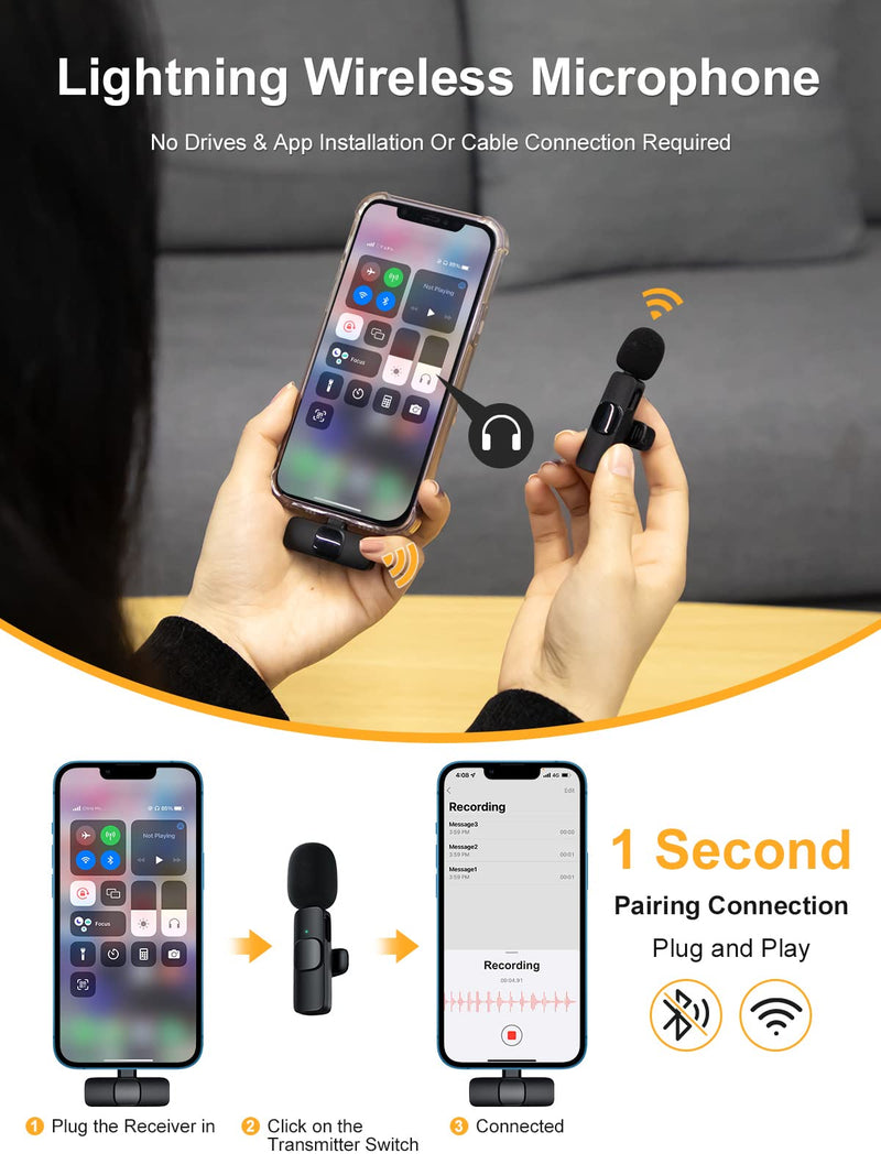 Moman Wireless Lavalier Microphone for iPhone, Clip on Microphone for Video Recording Interview Podcast Vlog YouTube, Wireless-lavalier-Mic-iPhone-Recording Solo Lightning