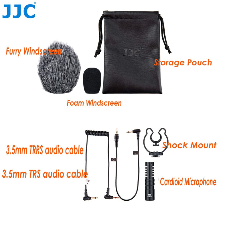 JJC SGM-V1 Shotgun Video Microphone, Cardioid Microphone Condenser Mic Vdeomicro w/Shock Mount, Furry Foam Windscreen, Electret Condenser, 3.5mm TRS TRRS Cable, for Andoid Phone DSLR Camcorder