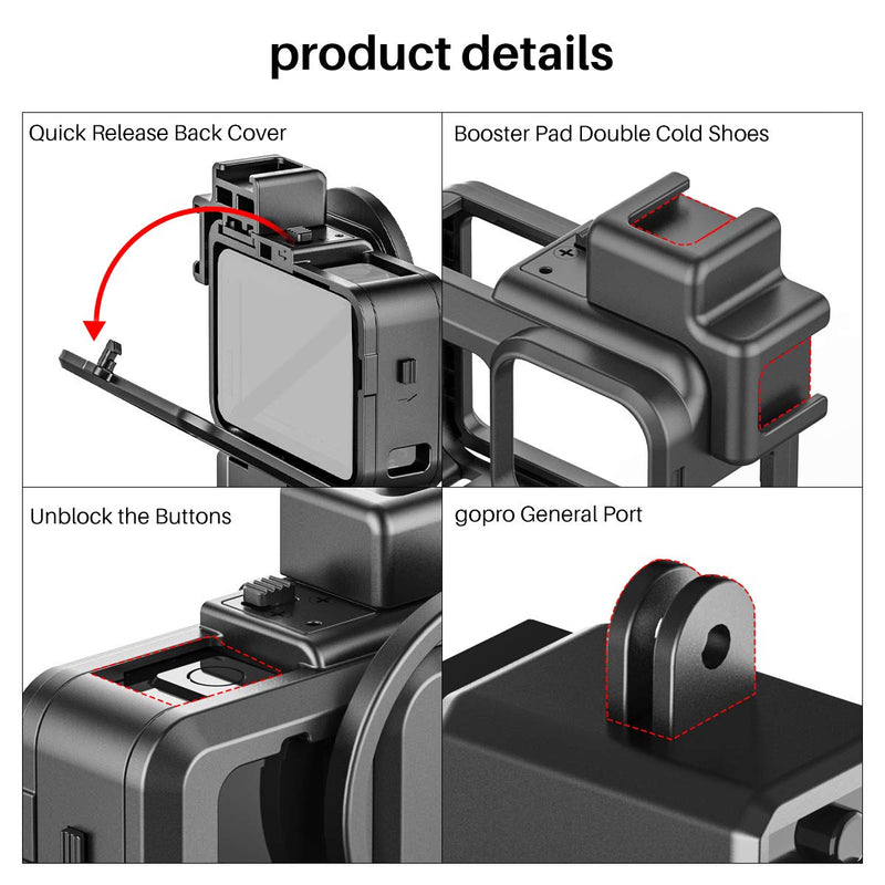 Guedieo G9-4 Housing Cage for Gopro 10/9 with 2 Cold Shoe Mounts for Mic Light and Led Video Light for GoPro Microphone Adapter Compatible with Tripod Selfie Stick 65g Action Camera Accessory