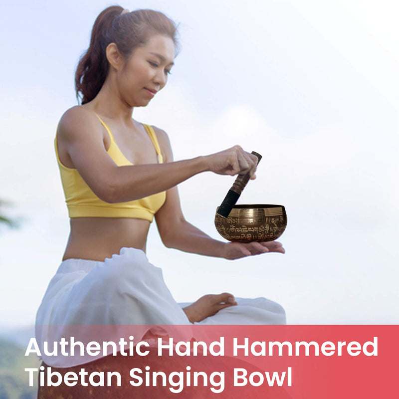 Large Tibetan Singing Bowl Set-Meditation Symbols Printed 5 inch Singing Bowl With Wooden Mallet & Cushion For Prayer/Meditation/Yoga/Chakra Healing/Mindfulness/Decoration (Gold) Gold