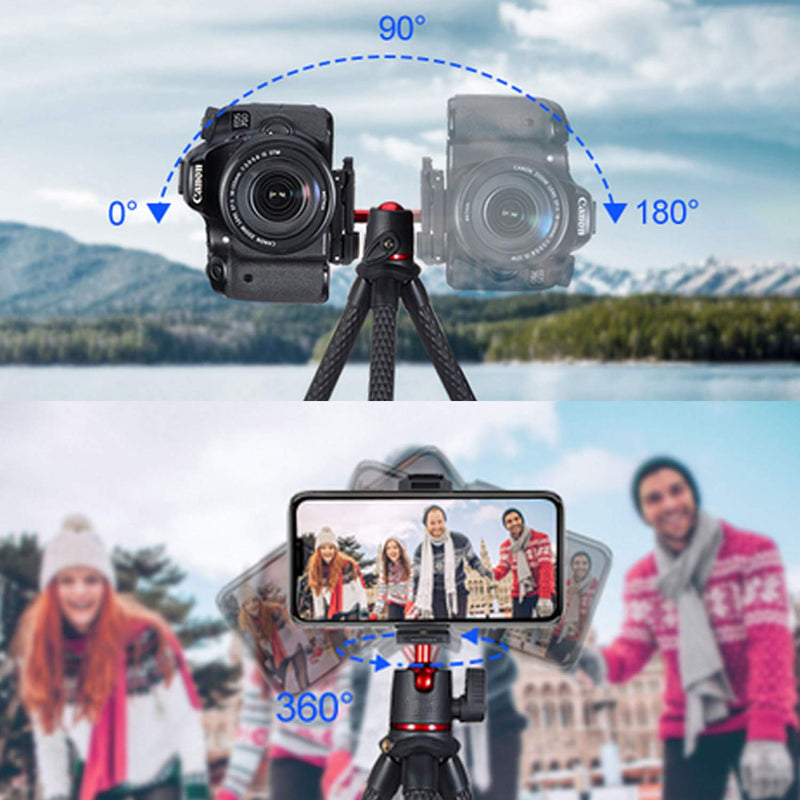 Camera Tripod, Mini Flexible Tripod Stand with Hidden Phone Holder w Cold Shoe Mount, 1/4'' Screw for Magic Arm, Universal for iPhone 11 Pro Max XS Max X 8 7 Samsung Canon Nikon Sony Cameras