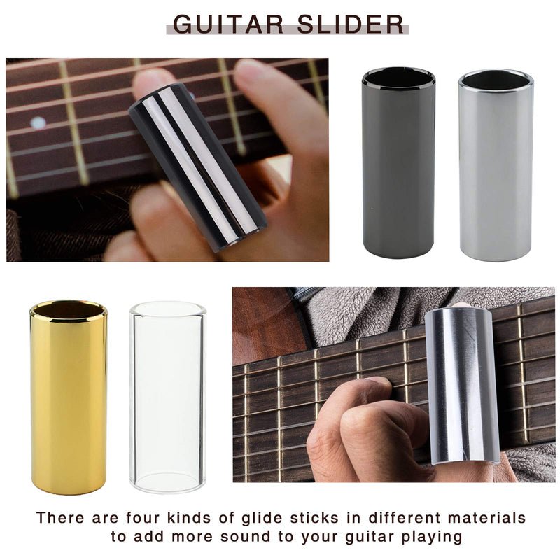 Dreokee Medium Guitar Slides, 1 Brass Guitar Slide 2 Steel Slides 1Glass Slide 5 Pieces Guitar Picks 4 Finger Thumb Picks 4 Finger Pick Protectors with Cleaning Cloth 1 Scale Stickers Metal Box