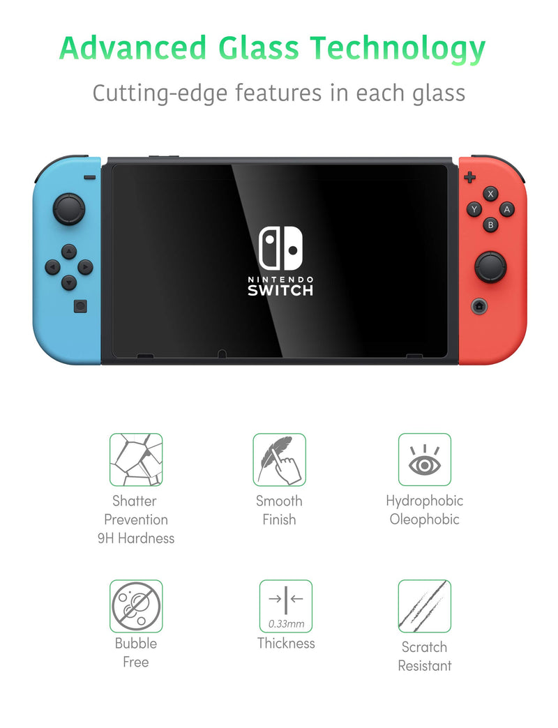 TalkWorks Tempered Glass for Nintendo Switch Screen Protector (2 Pack) Scratch, Crack Resistant, Easy-Install, Protective Ultra-Thin HD Touch Screen Cover Film Back