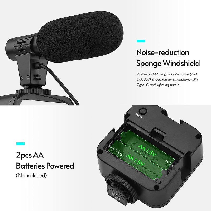 Samadex Video Microphone Vlogging Kit- Portable Studio Video Recording Microphone with Foldable mic Stand and Selfie Stick, Smartphone Camera Video Recording with 3 Brightness Level LED Light vlog