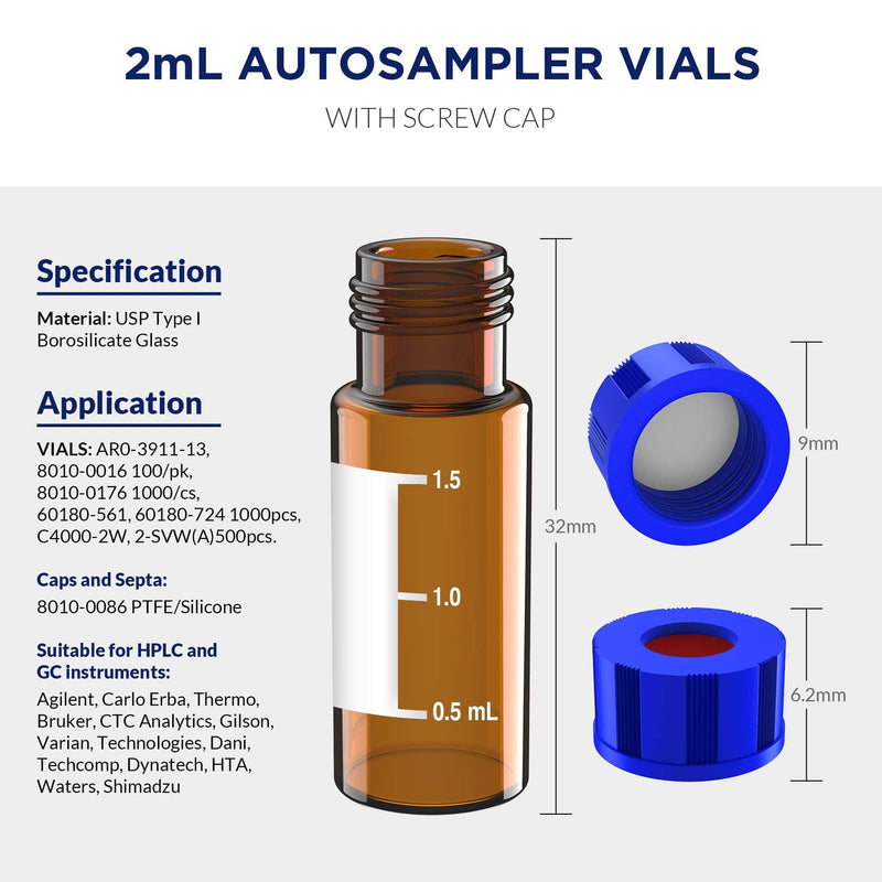 [AUSTRALIA] - 2mL Autosampler Vials with Writing Area and Graduations, 9-425 HPLC, Screw Cap, White PTFE & Red Silicone Septa, 100 Pcs Amber White Red Septa 