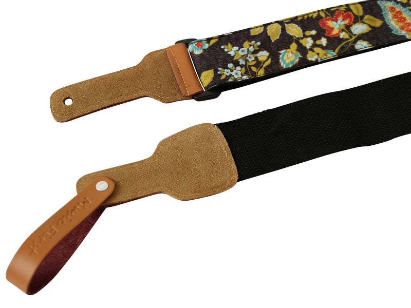 [AUSTRALIA] - MUSIC FIRST Original Design, 2 inch width (5cm), Vintage French Country Style “Floral” Soft Cotton & Genuine Leather Delux Guitar Strap, Ukulele Strap, Mandolin Strap 