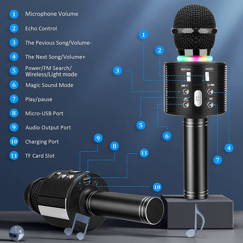FISHOAKY Karaoke Microphone for Kids, 3 in 1 Portable Wireless Microphone Speaker Music Singing Voice Recording Karaoke Machine with Android/iOS for Home KTV Player Outdoor Black