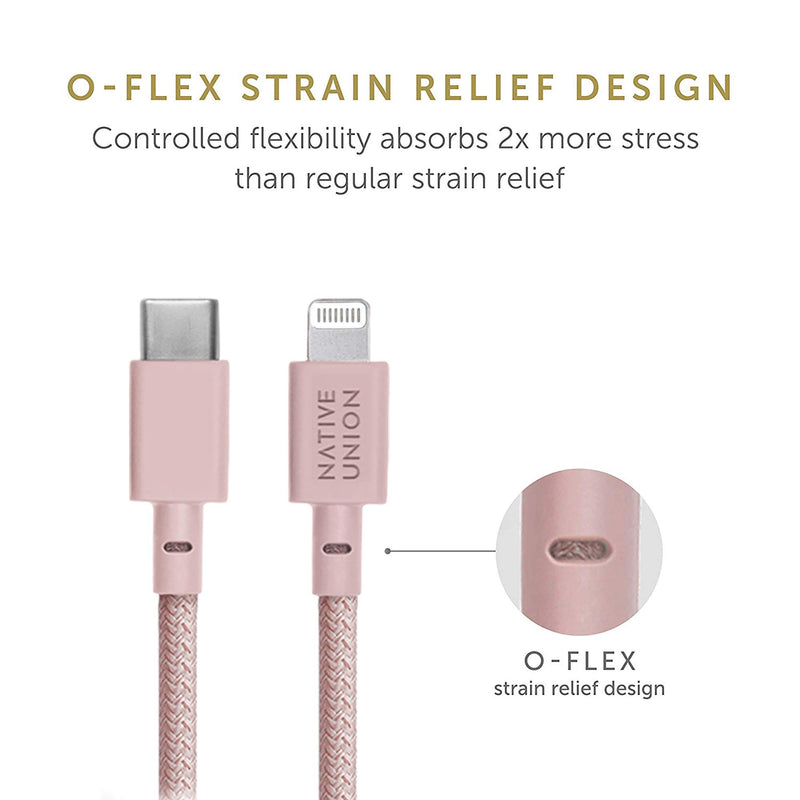 Native Union Belt Cable XL - 10ft Ultra-Strong Reinforced Durable USB-C to Lightning [MFi Certified] Charging Cable with Leather Strap Compatible with iPhone/iPad (Rose) Rose
