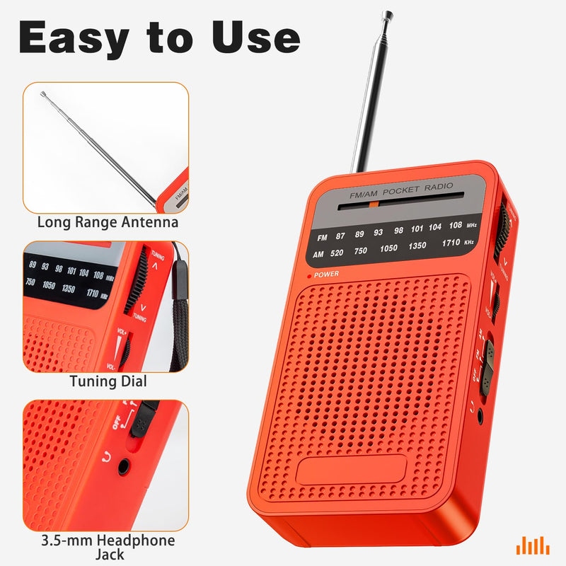 Portable Radio AM FM, Goodes Transistor Radio with Loud Speaker, Headphone Jack, 2AA Battery Operated Radio for Long Range Reception, Pocket Radio for Indoor, Outdoor and Emergency Use-Red New-Red