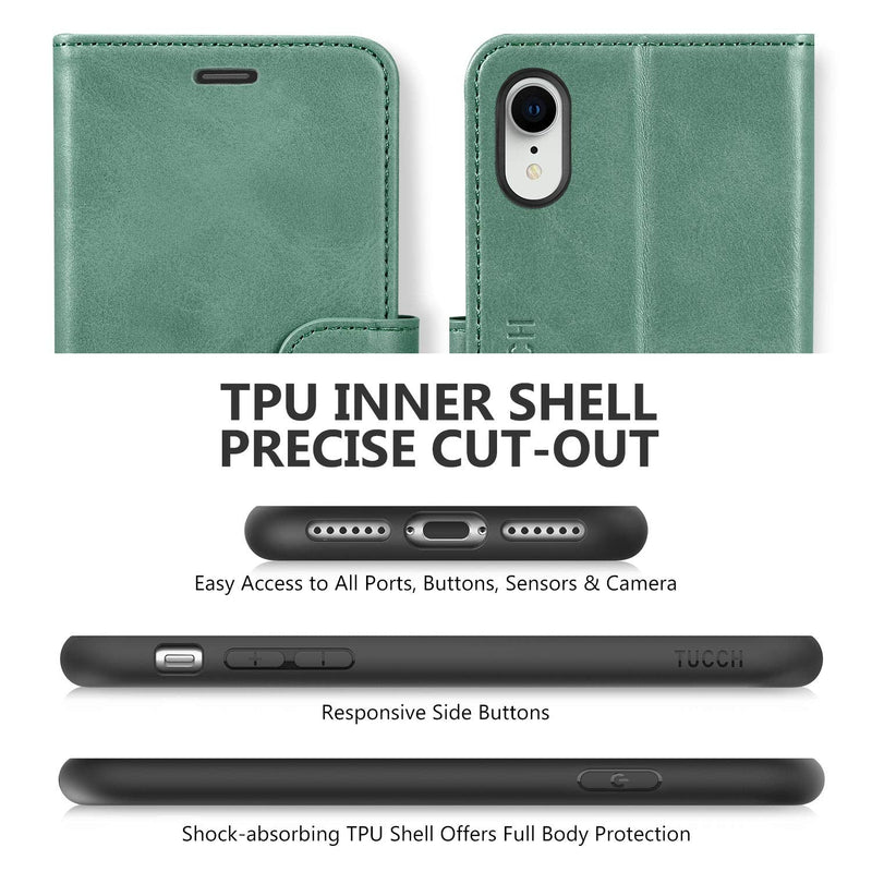 [AUSTRALIA] - TUCCH iPhone XR Wallet Case, iPhone XR Case, Premium PU Leather Flip Cover [Shockproof TPU Shell] with Stand RFID Blocking Credit Card Slot Wireless Charging Compatible with iPhone XR, Myrtle Green 