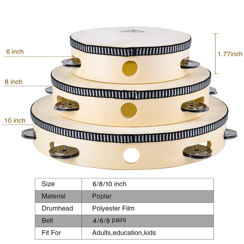 EASTROCK Tambourine for Adults Wooden Tambourine 3 Packs Metal Jingles Single Row Percussion Instrument Hand Tambourine for Kids KTV Party Natural