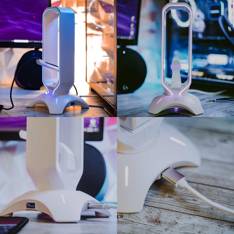 Tilted Nation RGB Gaming Headset Stand - 3 in 1 Design with Mouse Bungee and 2 Port USB 3.0 Hub - The Ultimate Gaming Accessory - Dynamic RGB Headphone Stand with USB Charger - White