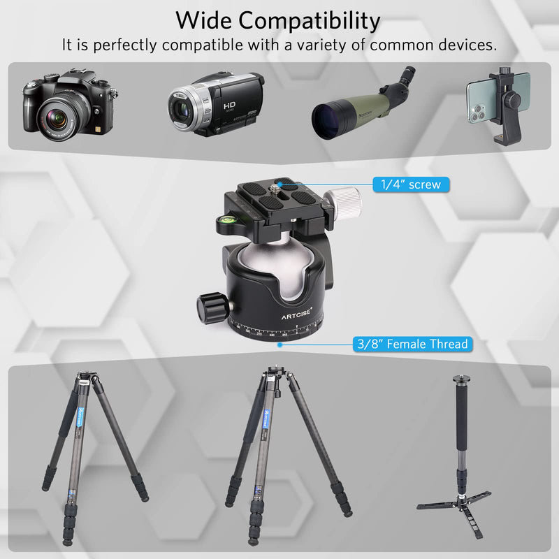 46mm Low Profile Tripod Head with 3 Screw Adapter 3/8 to 1/4 Professional Aluminium 360 Rotating Panoramic Ball Head Max Loading 44lbs/20kg