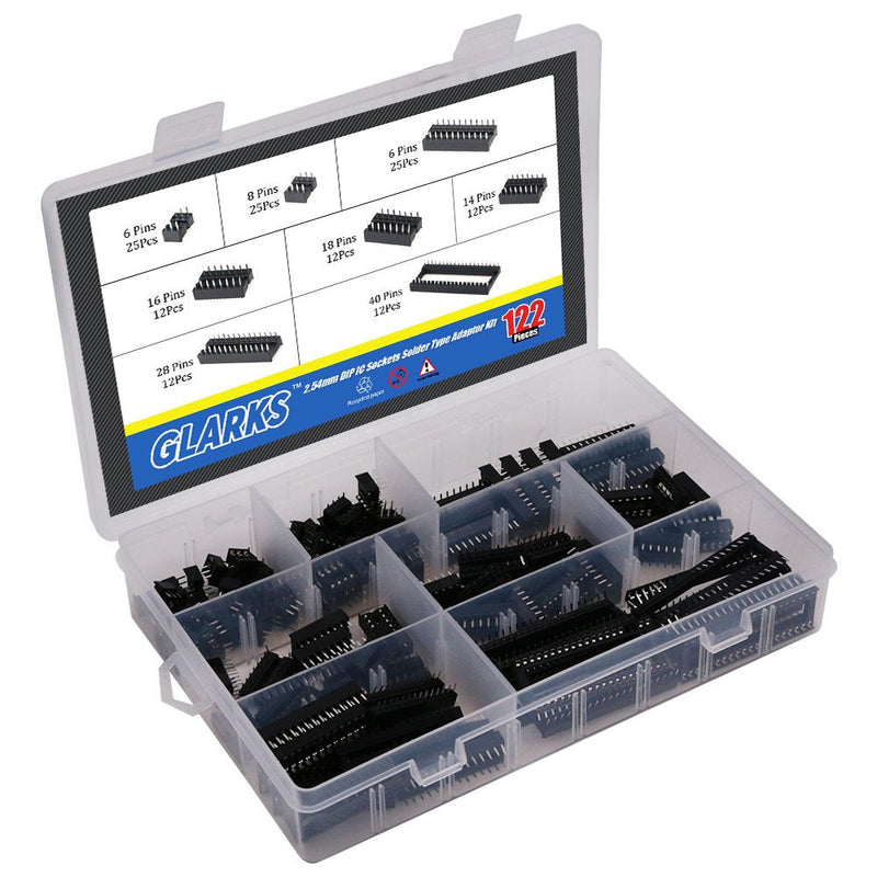 Glarks 122Pcs 2.54mm Pitch 6 8 14 16 18 24 28 40 Pin DIP IC Sockets Solder Type Adaptor Assortment Kit