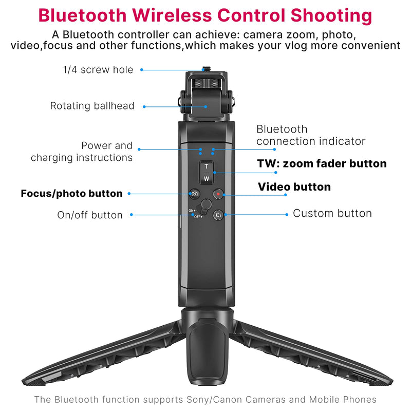 MT-40 Remote Shooting Grip Extendable Vlogging Grip Handle Tripod Camera Selfie Video Recording Accessorries for Sony ZV-1, ZV-E10, A7C, A7R IV, RX100 VII, RX100M7, A7 III, A7R III, A7R IV, A9 MT-40