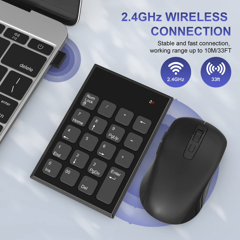 Wireless Number Pad and Mouse Combo,2.4G 19 Keys USB Wireless Numeric Keypad,3 Adjustable Mouse Speeds DPI 800/1200/1600,Set for Laptop,Notebook,Desktop,PC Computer-Use One USB Receiver