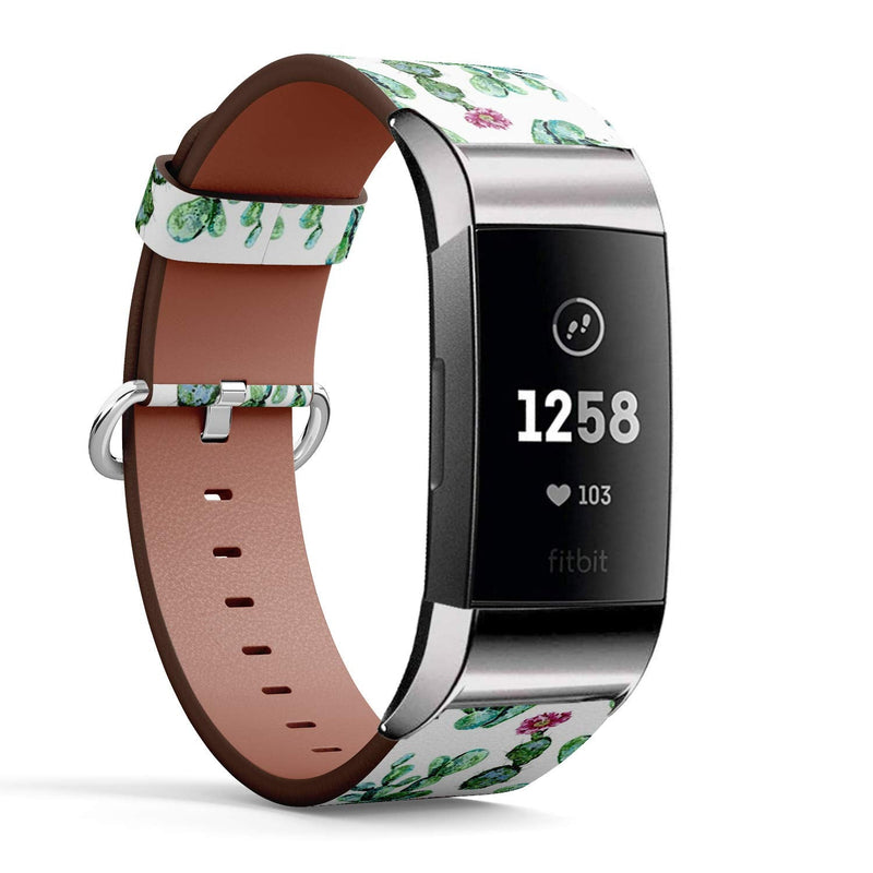 Compatible with Fitbit Charge 4 / Charge 3 / Charge 3 SE - Leather Watch Wrist Band Strap Bracelet with Stainless Steel Adapters (Cactus Floral)