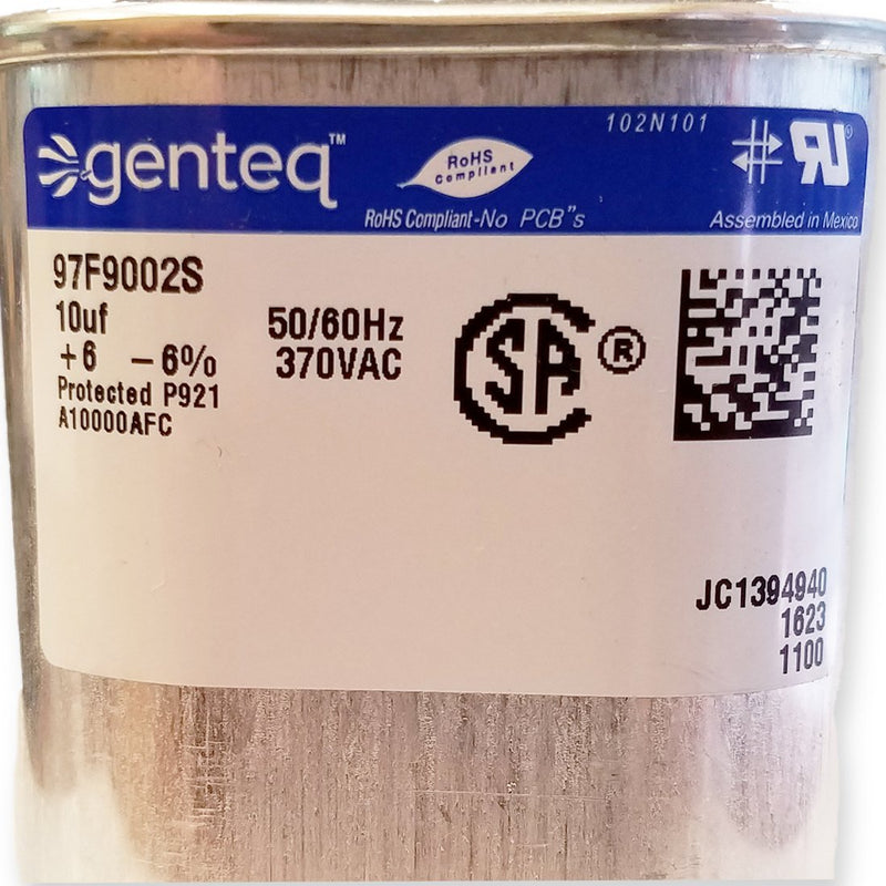 Genteq Capacitor 10 UF MFD 370V 97F9002, 97F9002s (Replaces Old GE# 97F9002BZ3, Z97F9002, 27L669), 10 MFD at 370V, Oval Original Version