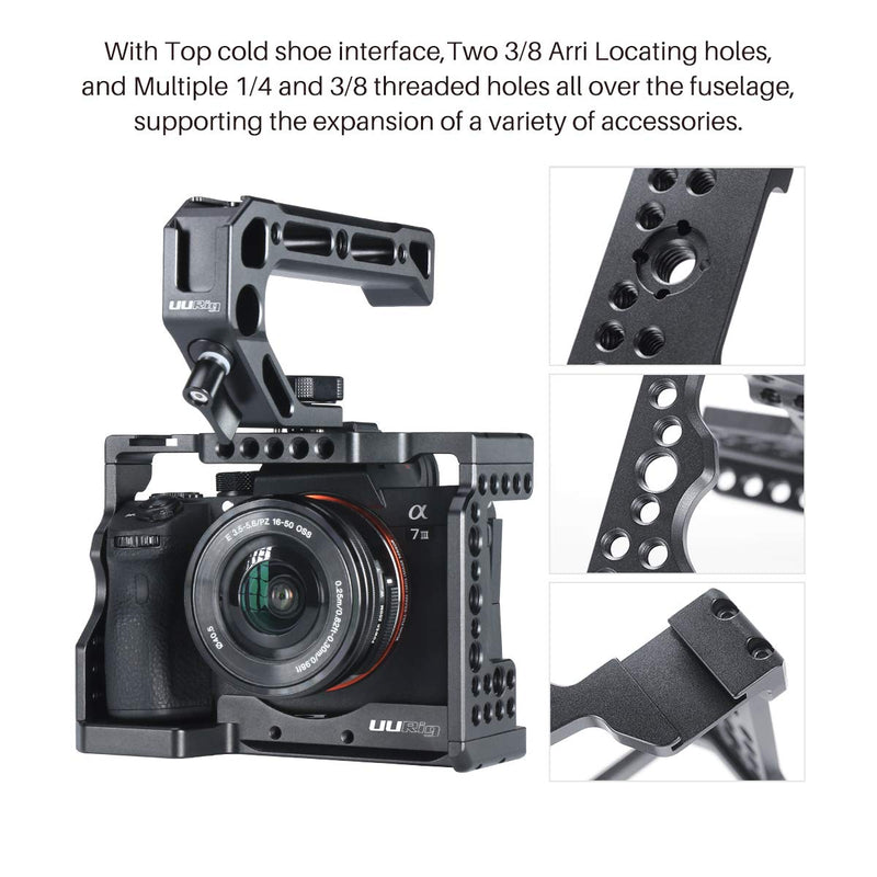 UURig C-A73 A7 III Camera Cage for Sony A7 Series A7R III/A7 III, Top Cold Shoe Microphone Light Mount/Arri Hole Extension, Stable Vlogging Video Cage with Arca Swiss Quick Release Plate