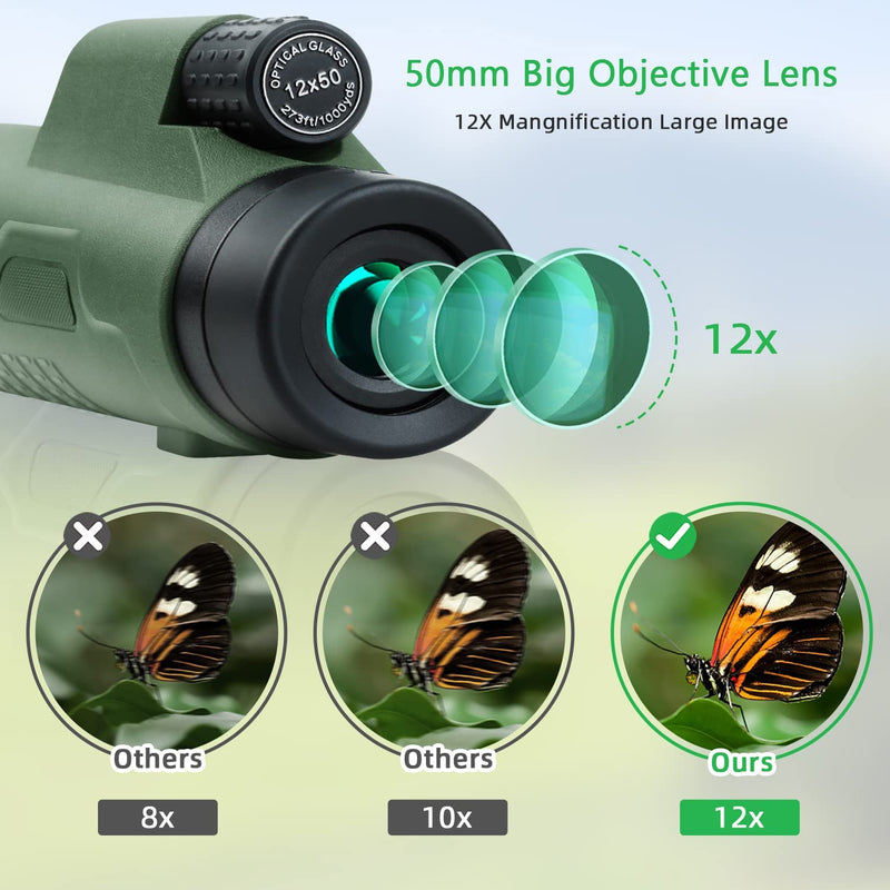 Pankoo 12X50 Monoculars for Adults High Power Monocular Telescope for Wildlife Bird Watching Hunting Camping Travel Secenery with Smartphone Holder & Tripod