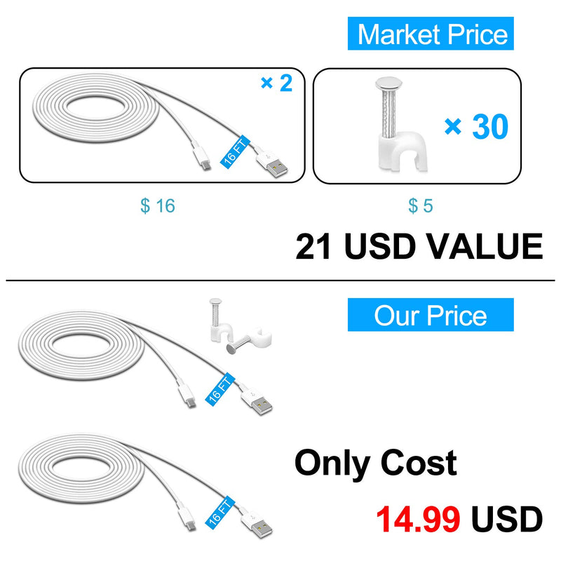 2 Pack 16.4FT Power Extension Cable for Wyze Cam Pan/WyzeCam/Wyze Cam v3/Kasa Cam/YI Dome Home Camera/Furbo Dog/Nest Cam/Oculus Go,USB to Micro USB Durable Charging and Data Sync Cord White