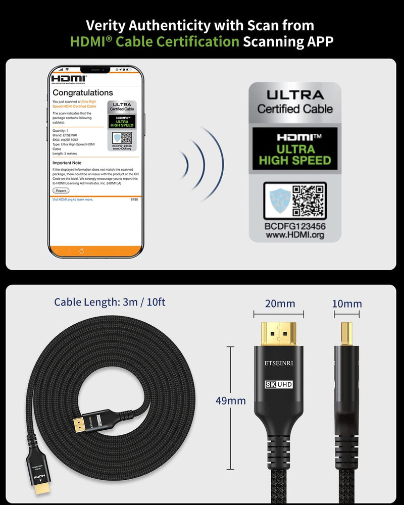 8K HDMI Cable 2.1 10FT/3M, Etseinri Certified 48Gbps Ultra High Speed HDMI Cable 10k 8K 5k 4K@120Hz 60Hz eARC RTX 3090 HDR10 4:4:4 HDCP 2.2&2.3 for R-oku/F-ire/S-Ony/L-G/S-amsung, PS5, Xbox Series X 10feet