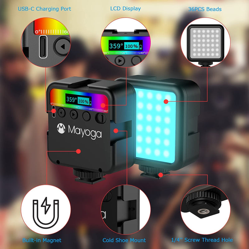 RGB LED Video Light Kit,MAYOGA Video Conference Lighting Kit,Photography Lighting for Vlog/Live Streaming/YouTube/TikTok/Self Broadcasting,2500-9000K,CRI 95+,w/Adjustable Tripod Stand Pocket Size