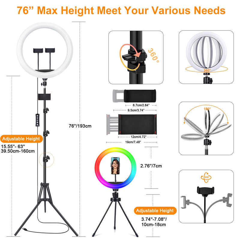 WisaKey 13" RGB Ring Light with 63" Stand and 2 Phone Holders, Tablet iPad Holder, Sunset Lamp, 51 Color Modes Selfie Ringlight with Desk Tripod, Halo Ring Light for TikTok/Live Stream/Makeup/YouTube 13 inch ring light with sunset lamp