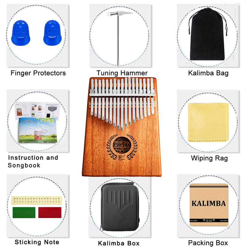 Kalimba Thumb Piano 17 Keys, Portable Mbira Finger Piano w/Protective Case, Fast to Learn Songbook, Tuning Hammer, All in One Kit 17keys Mahogany