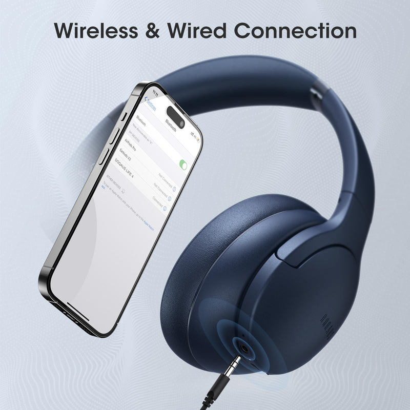 DOQAUS 𝐔𝐩𝐠𝐫𝐚𝐝𝐞𝐝 Bluetooth Headphones Over Ear, 90 Hours Playtime Wireless Headphones with 3 EQ Modes, HiFi Stereo Headphones with Microphone, Soft Protein Earpads for Cellphone/PC (Navy Blue) Navy Blue
