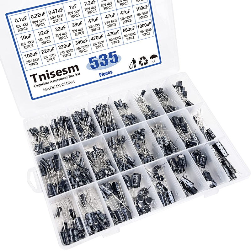 Tnisesm 535Pcs Electrolytic Capacitor 24 Value Range 0.1uF－1000uF Assortment Kit with Aluminum Radial Leads TN04-24Z 535PCS Assortment Kit