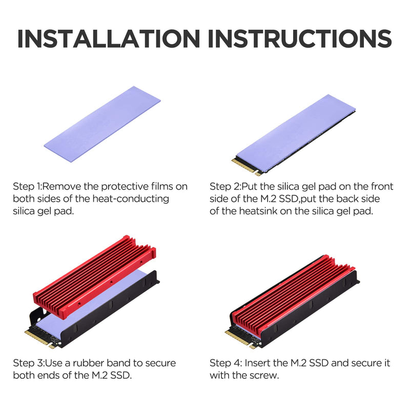 M.2 2280 SSD Heatsink, PCIE NVME or SATA m2 2280 SSD Double-Sided Heat Sink - Red