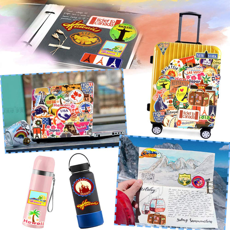 Waterproof Vinyl Stickers for Laptop Luggage Scrapbook Postcard (100Pcs Travel Style) 100pcs Travel Stickers