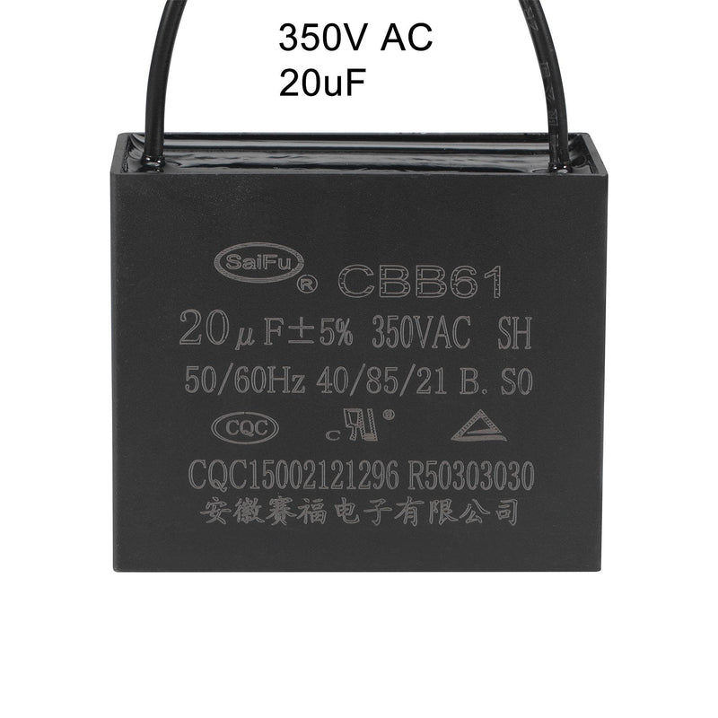 uxcell Ceiling Fan Capacitor CBB61 20uF 350V AC 2 Wires Metallized Polypropylene Film Capacitor 58x48x30mm for Electric Fan Pump Motor Generator