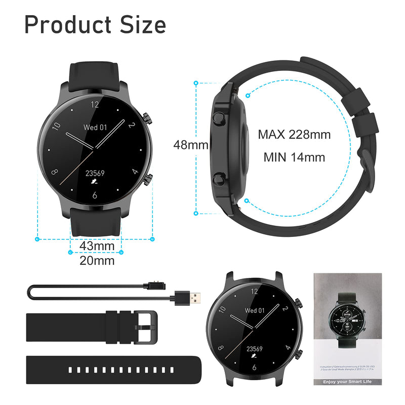 Smart Watch for Men Fitness Tracker Waterproof Smart Watches for Android iOS Phone Sport Running Digital Watches with Heart Rate Monitor Sleep Tracker Pedometer Nemheng Smartwatch Round Touch Screen Black-2
