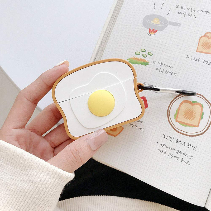 TOUBN Airpods Charging Case, Creative Egg Bread Design Wireless Earphone Cover, Soft Silcone Anti-Scratch Full Protective Skin For Airpods Pro With Hook