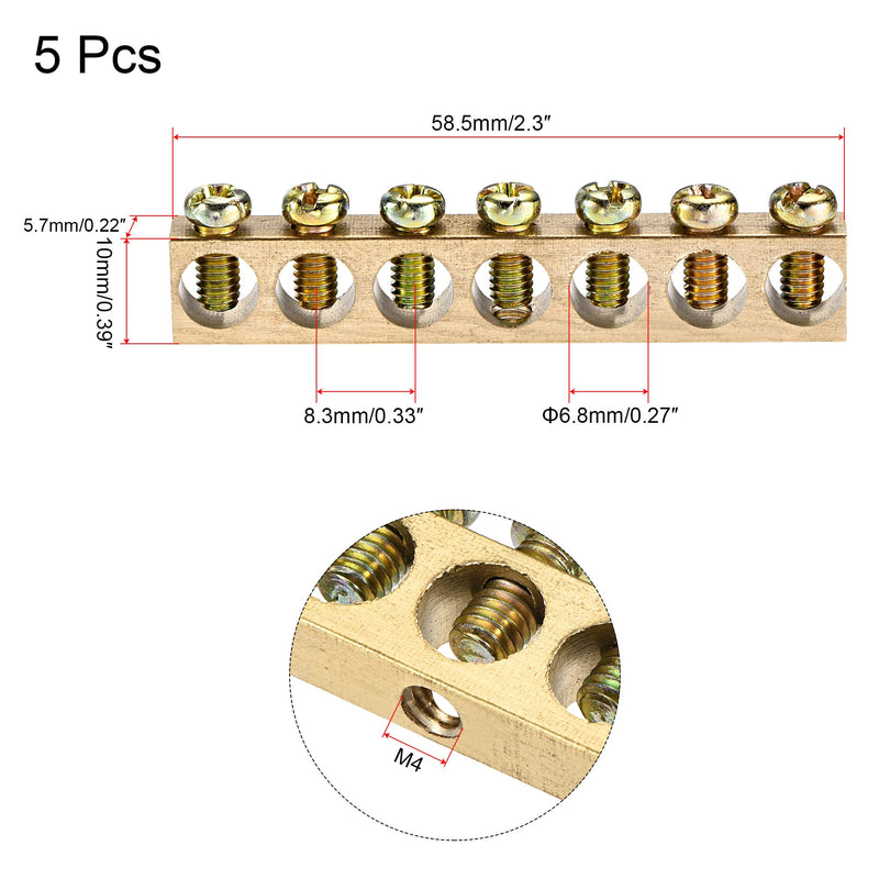 MECCANIXITY Terminal Ground Bar Screw Block Barrier Brass 7 Positions 58.5mmx5.7mmx10mm for Electrical Distribution 5 Pcs