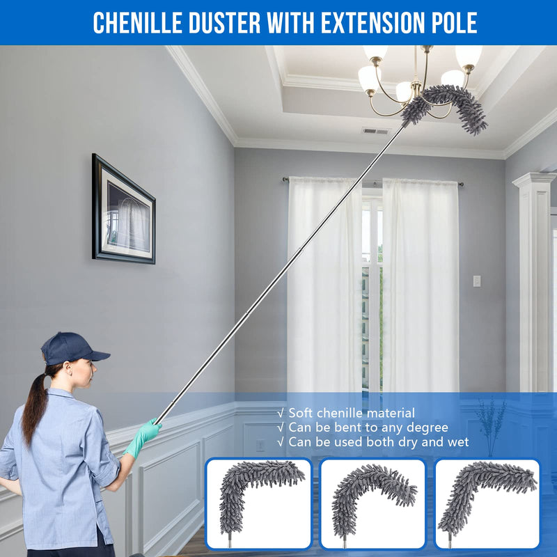 Dusters for Cleaning, Extendable Microfiber Duster with Extension Pole 30 to 100 Inches, Reusable Bendable Dusters Long Feather Duster Kit for Cleaning High Ceiling Fan, Lamp, Furniture, Blinds, Car