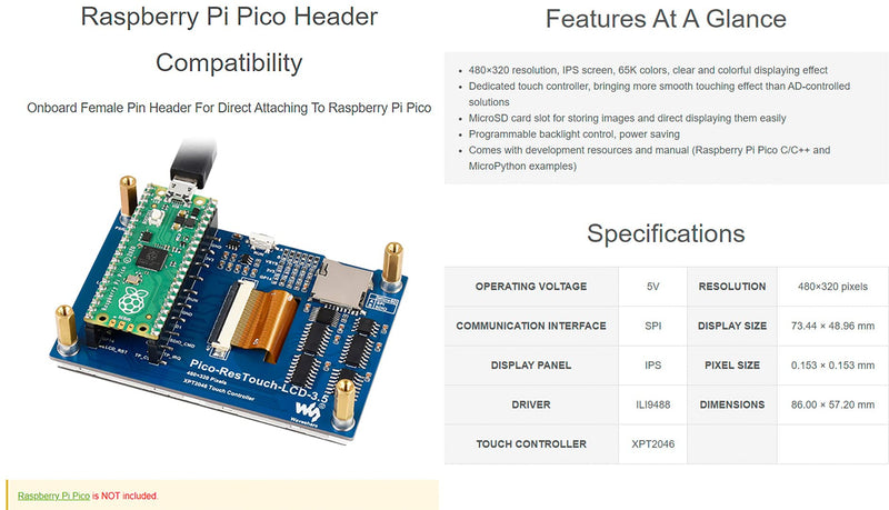 3.5inch Resistive Touch Display LCD for Raspberry Pi Pico, 65K Colors, 480×320 Pixel,Touch Controller XPT2046 ILI9488 Driver Using SPI Bus