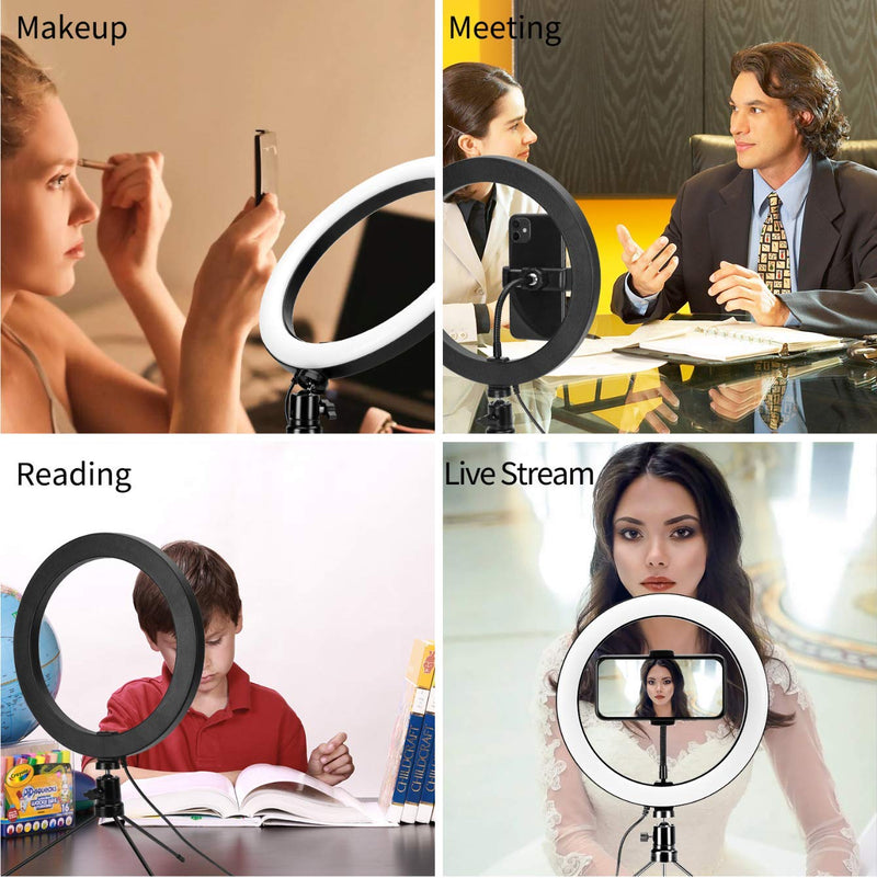 LED Ring Light 10" with Adjustable Tripod Stand & Shutter Remote, Desk Makeup Selfie Ringlight Phone Holder with 3 Light Modes 10 Brightness Level for YouTube, Tiktok, Live Stream, Photography