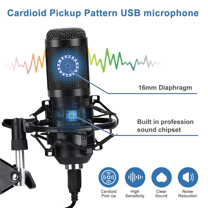 USB Condenser Microphone,Professional PC Studio Mic Kit, 192KHz/24bit Plug & Play with Double-layer Pop Filter and Adjustable Microphone Stand for Broadcasting, Recording, Gaming,YouTube