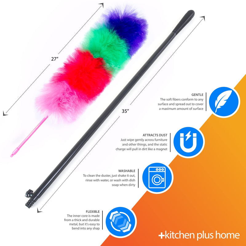 Kitchen + Home Large 27" Inch Static Duster with Bonus 35" Inch Extension Pole - Electrostatic Feather Duster attracts dust Like a Magnet! - Assorted Colors Will Ship