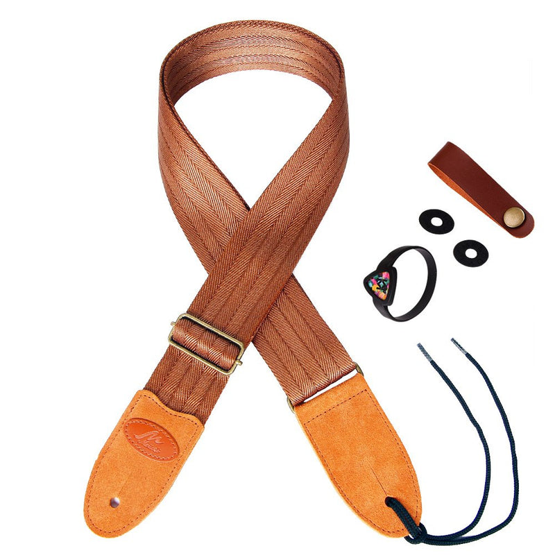 Phorcs Guitar Strap with Genuine Leather End for Electric Guitar Ukelele and Acoustic Bass - Include Guitar Picks & Guitar Strap Blocks & Button & Guitar Pick Holder Bracelet Brown