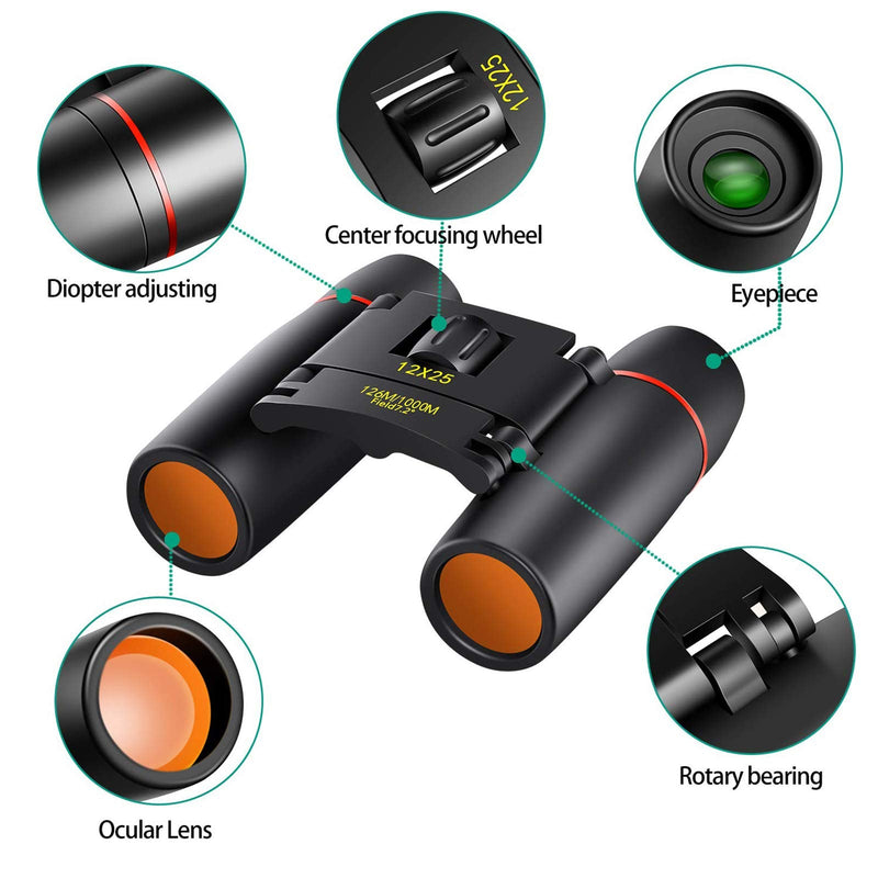 POLDR 12X25 Small Pocket Binoculars Compact Adults,Mini Kids Binoculars Boys for Bird Watching,Concert Theater Opera Black