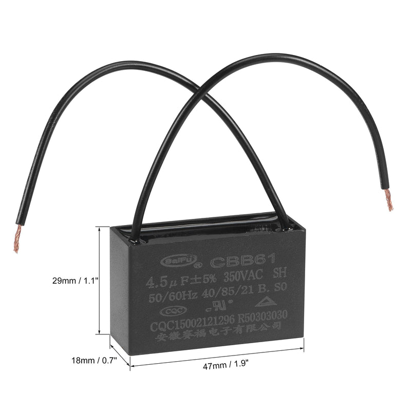 uxcell Ceiling Fan Capacitor CBB61 4.5uF 350V AC 2 Wires Metallized Polypropylene Film Capacitor 47x29x18mm for Electric Fan Pump Motor Generator 3Pcs
