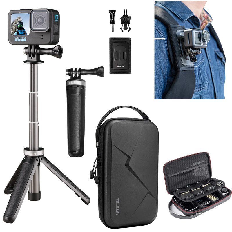 Telesin Carrying Case 3 in 1 kit Compatible with GoPro10/9/8/7/6/5/max Insta360 osmo Action Camera ,3 in 1 Kits (Carry Bag + Extension Rod + Strap mounts in 1 Kits)