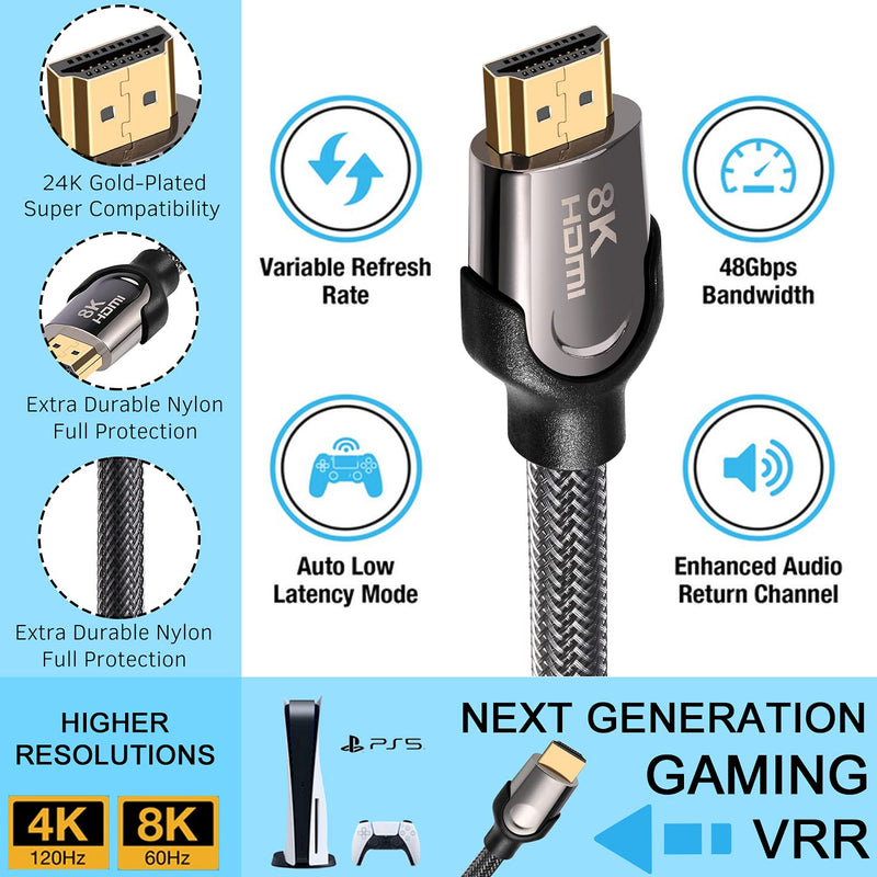 8K HDMI 2.1 Cable, 48Gbps Ultra HD Lead High-Speed Cord, Supports 8K@60HZ, 4K@120Hz, eARC HDR10, HDCP 2.2/2.3 Dolby, 3D, VRR, Compatible with Fire TV/Roku TV/PS5/Xbox/Nintendo Switch and More (10 ft) 10 ft