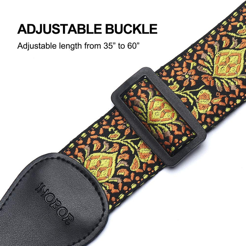 Guitar Strap, IHOBOR Jacquard Shiny Diamond Acoustic Electric Bass Guitar Strap with Genuine Leather End, Vintage Classical Pattern Design Included Strap Locks, Picks & Strap Button